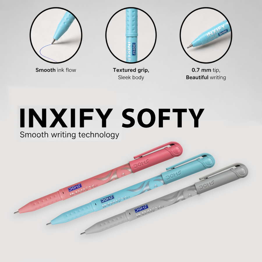 DOMS INXIFY Softy Ball Pens Pack of 5 – Smooth Writing Pens with LV Ink Technology, Blue, Black & Red Ink Pens for School, Office & Daily Use