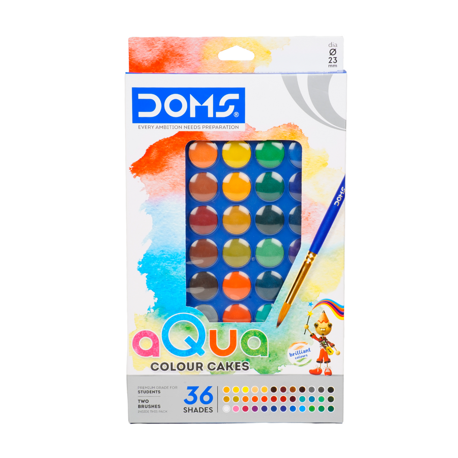 DOMS Aqua Water Colour Cakes (23 mm) – Rich & Bright Colours with Brush | Rich Pigment Watercolor Set with Intermixing Palette