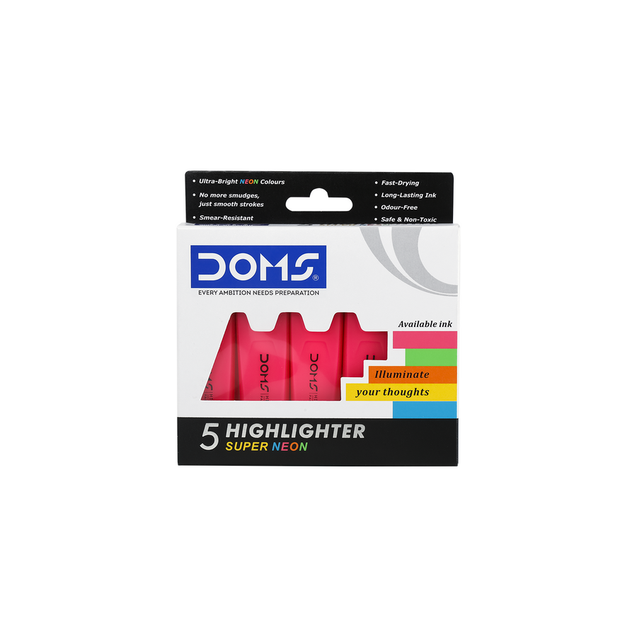 DOMS Super Neon Highlighters Pack of 5 in One Colour | Fast-Drying, Smear-Resistant Ink for Study Notes & Documents