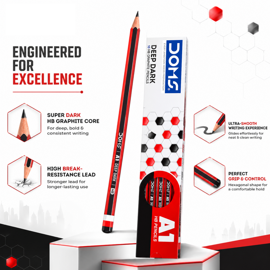 DOMS A1 Graphite Pencil Set | Deep Dark HB Pencils with Eraser & Sharpener | Smooth Writing & Break-Resistant Lead