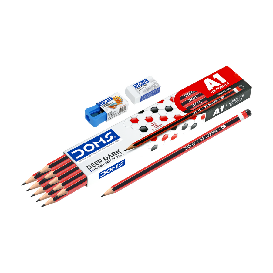 DOMS A1 Graphite Pencil Set | Deep Dark HB Pencils with Eraser & Sharpener | Smooth Writing & Break-Resistant Lead