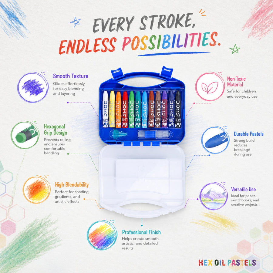 DOMS Oil Pastels (Hexagonal ) Set for Kids & Artists | Vibrant Non-Toxic Smooth Coloring Pastels | Soft Blending Art & Drawing Kit